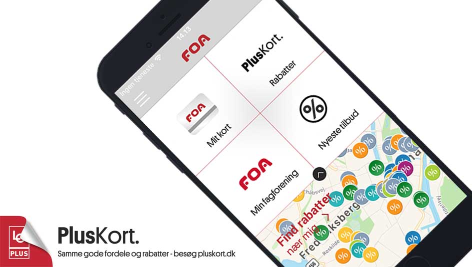 Telefon med FOA PlusKort medlems-app'en